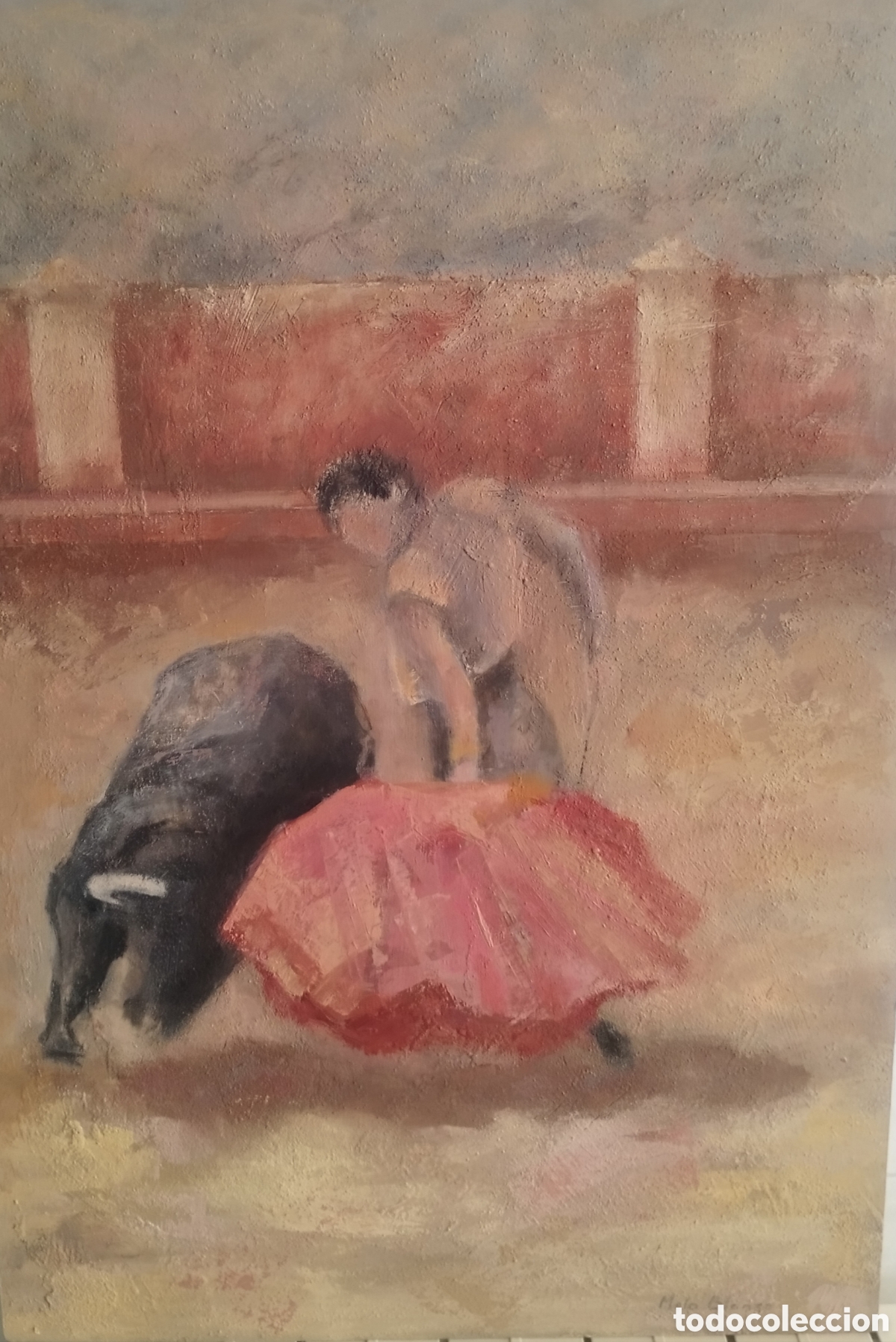 Arte: OLEO SOBRE TABLA. ESCENA LIDIA DE TORO. TAUROMAQUIA. TORO BRAVO. ORIGINAL