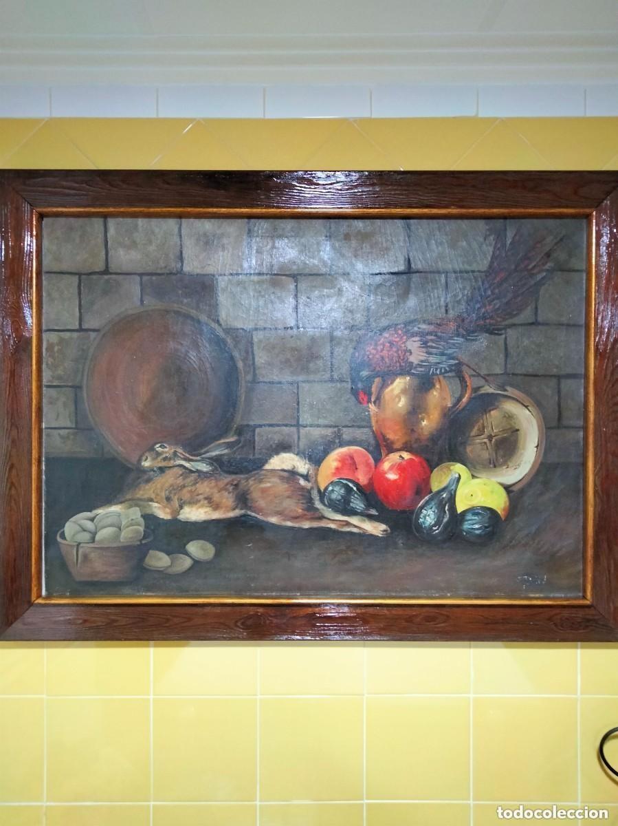 Arte: BODEGON-Naturaleza muerta con caza -obra an&oacute;nima escuela europea c. 1880&ndash;1950, gran formato