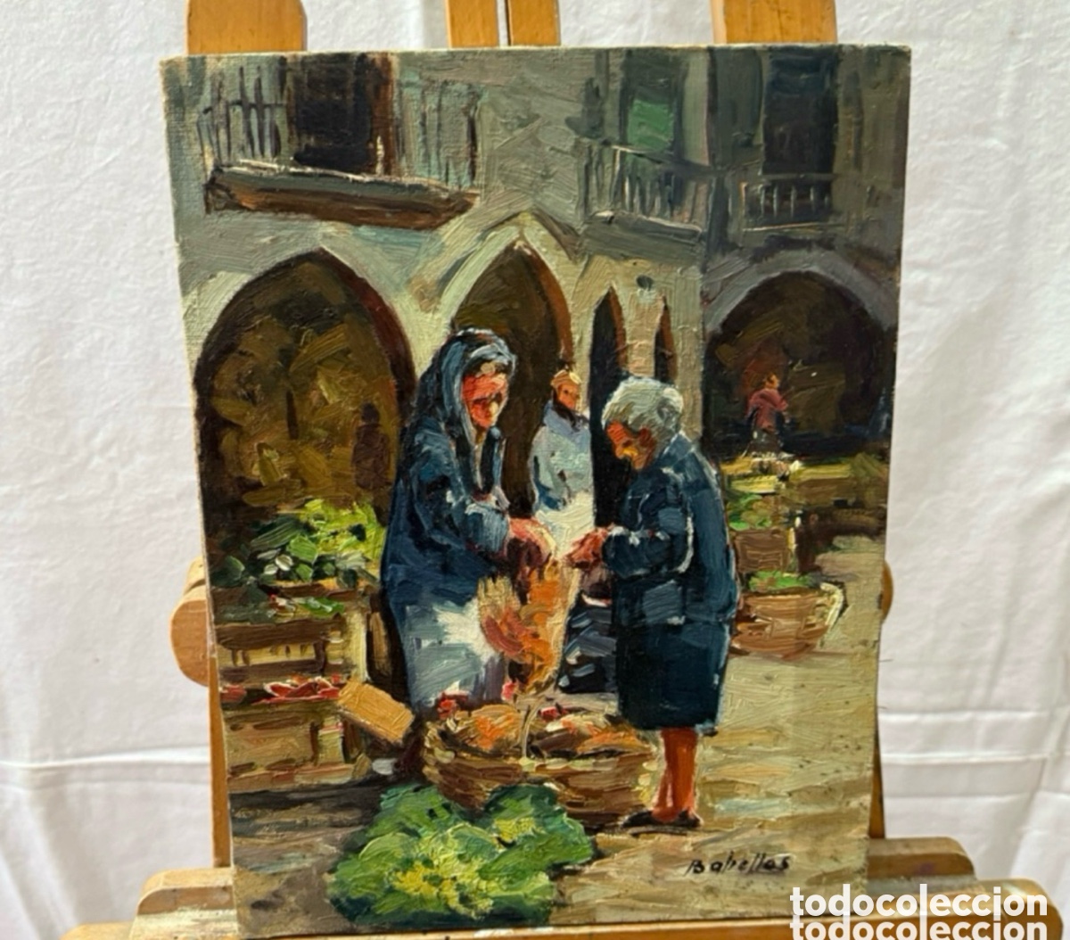 Arte: Salvador Baliellas - Escena de mercado tradicional - &oacute;leo sobre lienzo firmado - Olot Barcelona