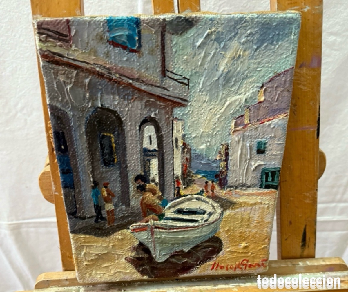 Arte: Joan Josep Gar&iacute; (1922) - Puerto mediterr&aacute;neo con barca. Lienzo firmado. Pintura Catalina