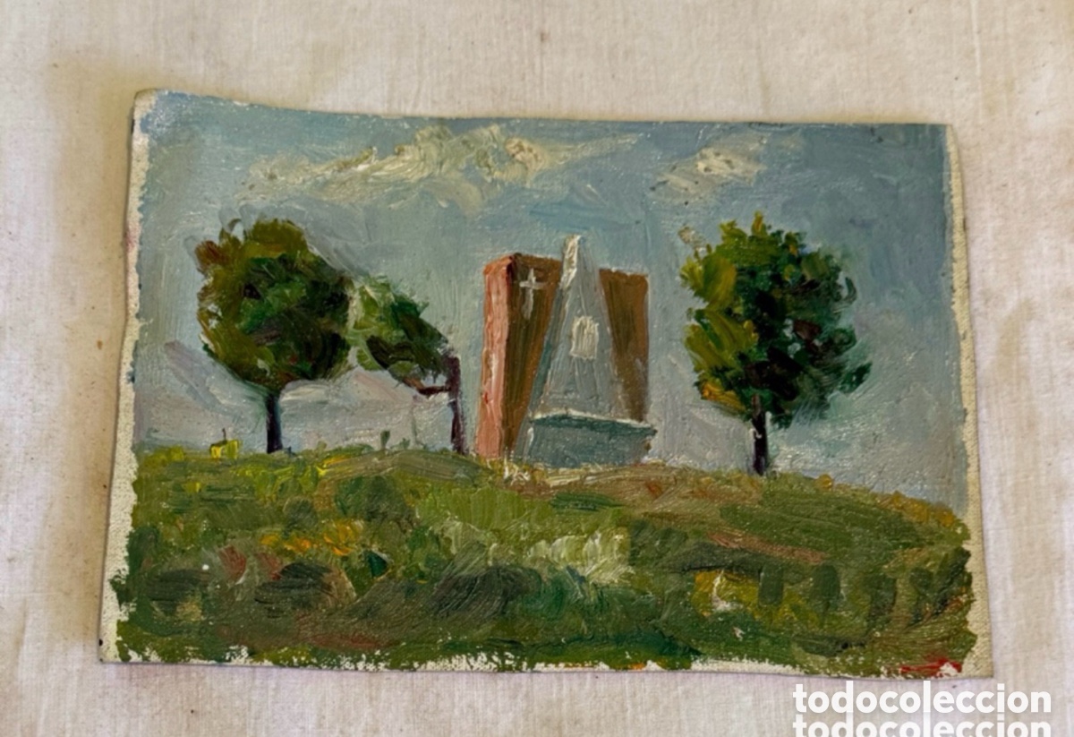 Art: Arturo Mart&iacute;nez Cabezas &oacute;leo sobre lienzo paisaje con ermita y &aacute;rboles pintura original