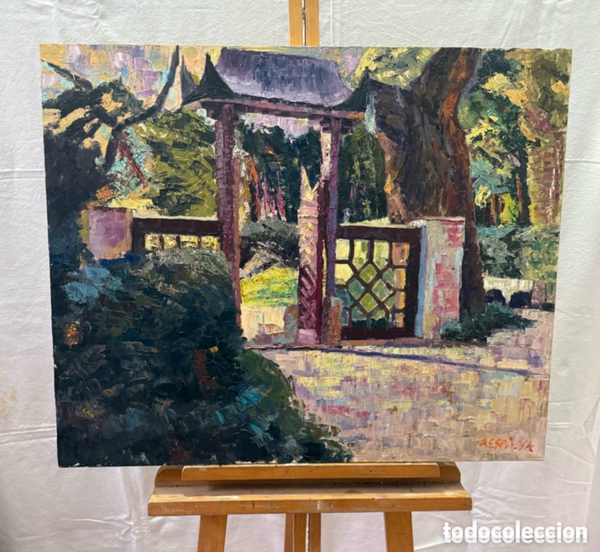 Arte: &Oacute;leo sobre lienzo firmado A. Espinosa. Paisaje jard&iacute;n oriental. Gran formato