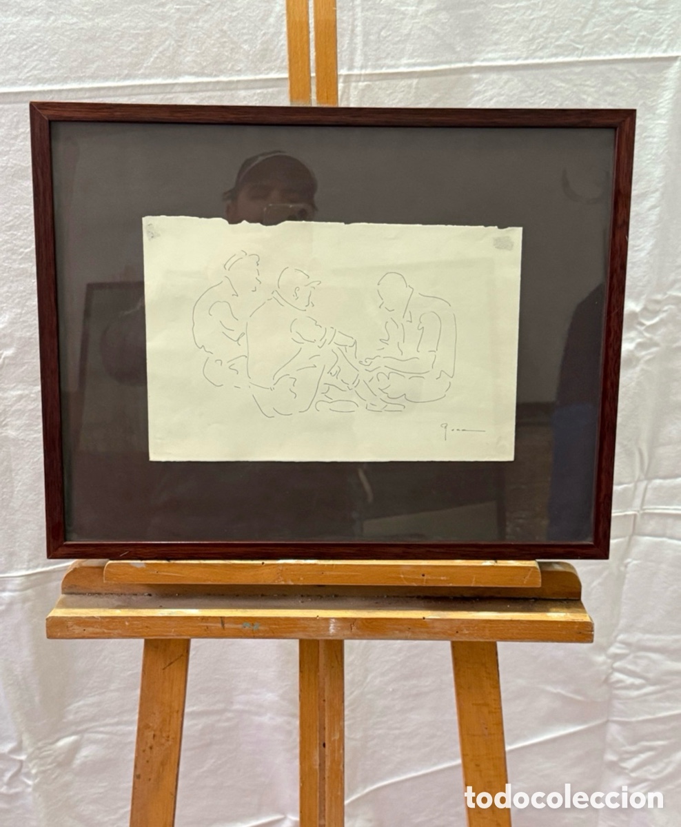 Arte: Dibujo minimalista figuras tinta sobre papel firmado composici&oacute;n moderna enmarcado