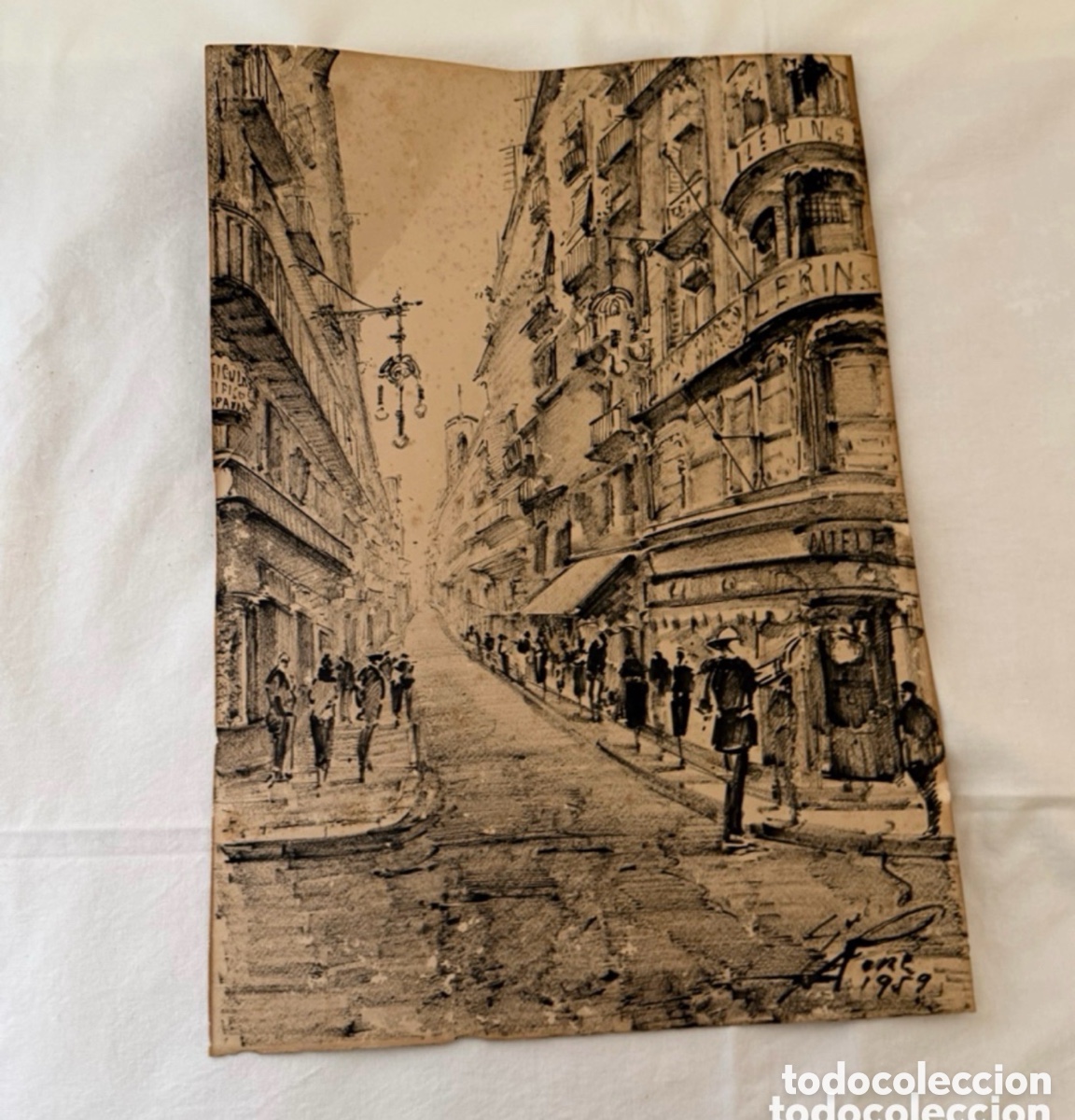 Arte: Dibujo urbano a tinta firmado y fechado 1959 escena de calle antigua