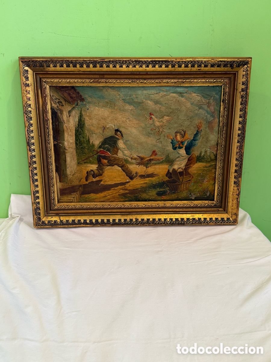 Art: &Oacute;leo antiguo escena popular gallos campesinos escuela europea siglo XIX marco dorado