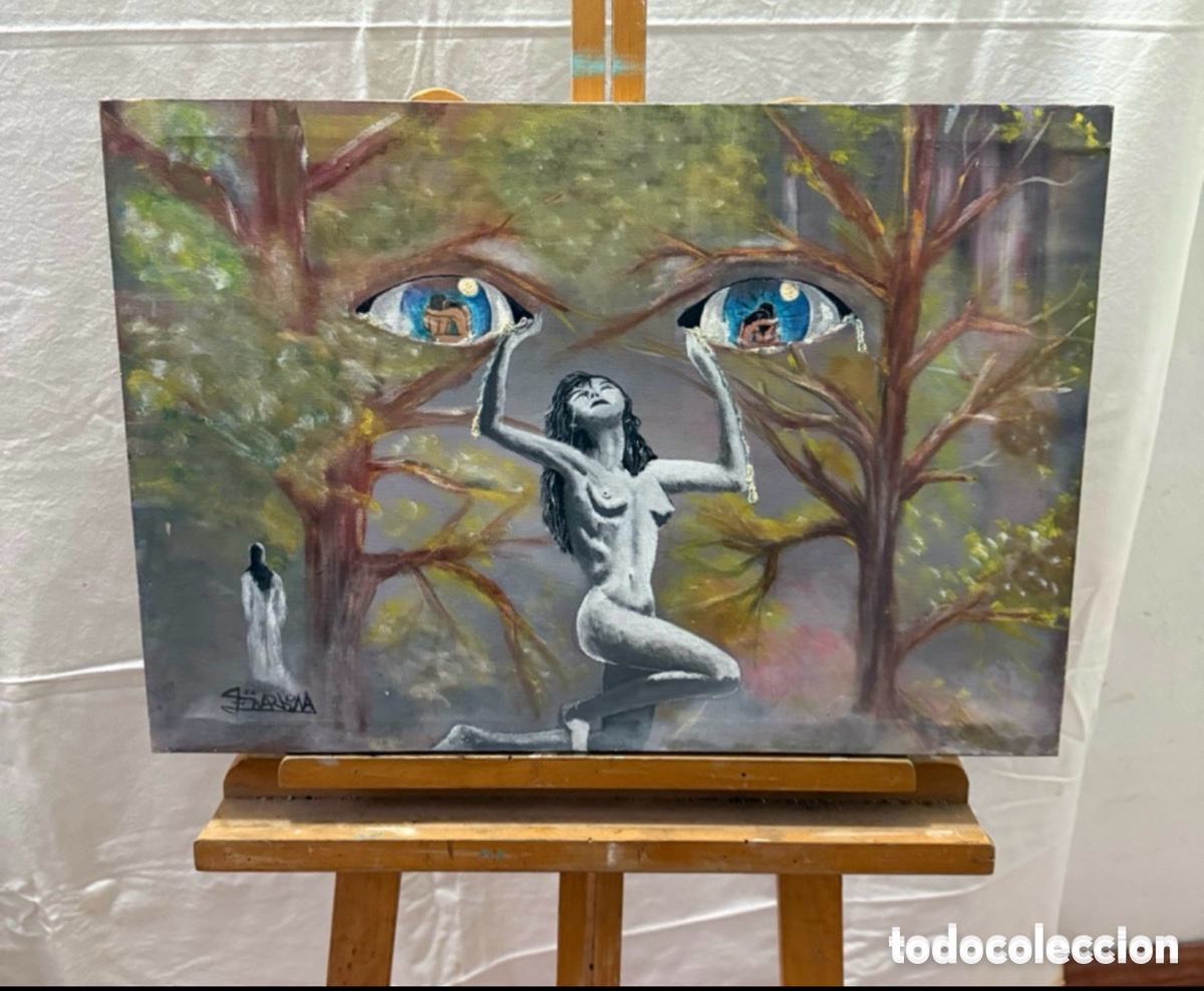 Kunst: &Oacute;leo surrealista firmado escena simb&oacute;lica figura femenina y composici&oacute;n on&iacute;rica