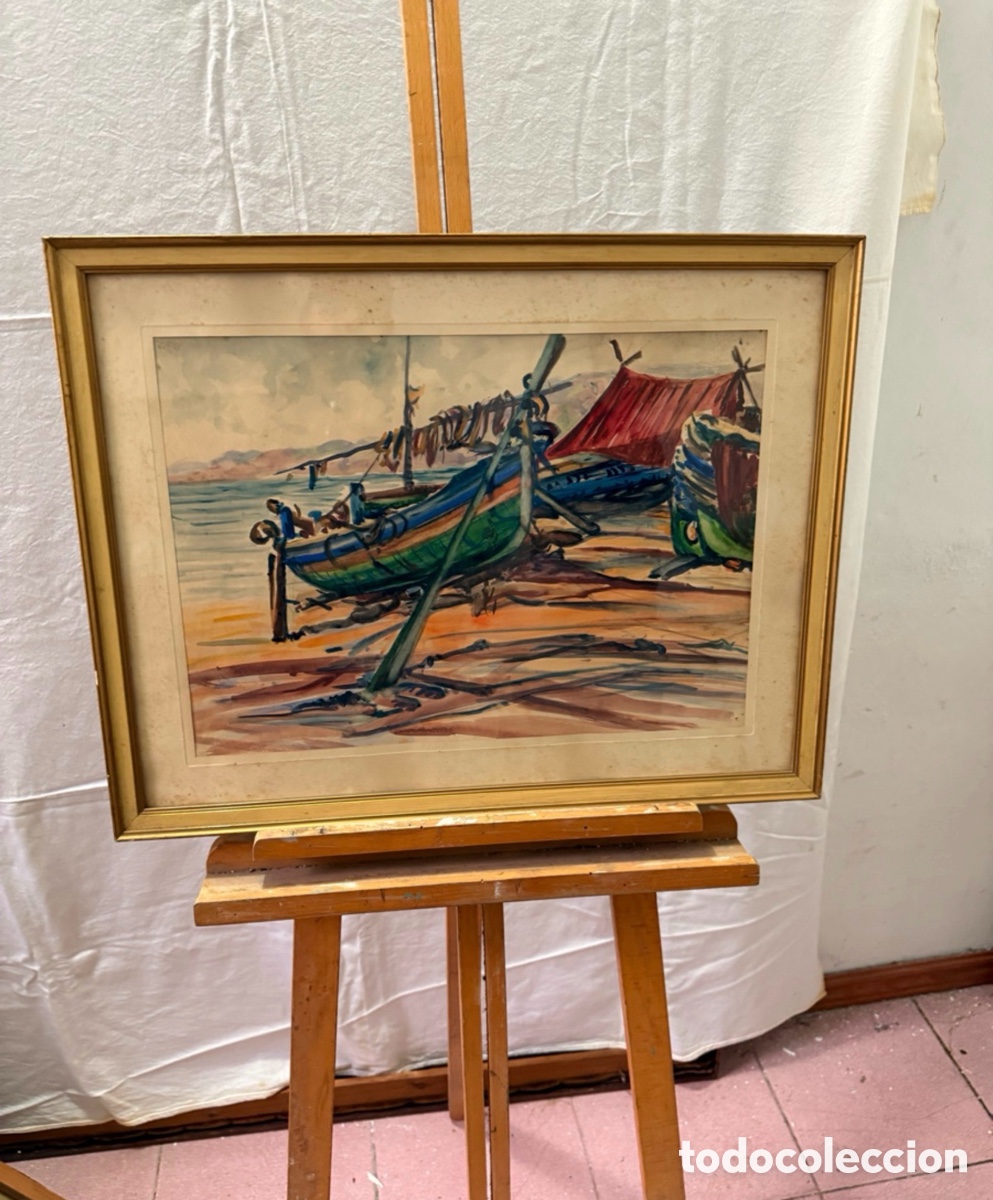 Arte: Pere Gorro Costa acuarela pintada a mano firmada barcas en la playa escuela catalana