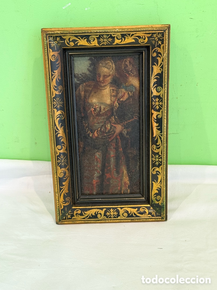 Arte: &Oacute;leo siglo XIX retrato femenino escuela europea marco negro dorado antiguo