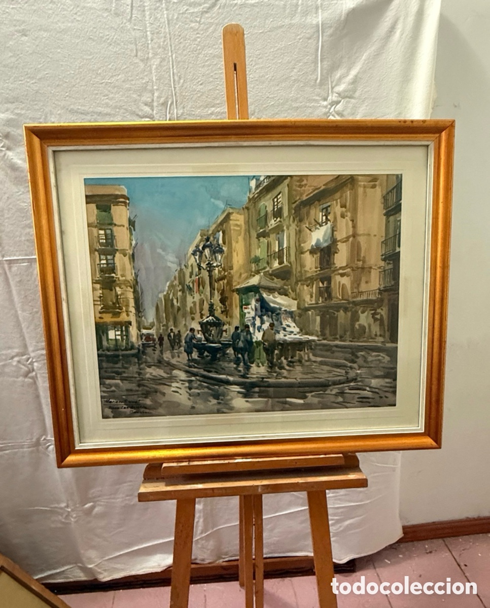 Arte: Mariano Brunet acuarela firmada Plaza San Agust&iacute;n Barcelona escena urbana