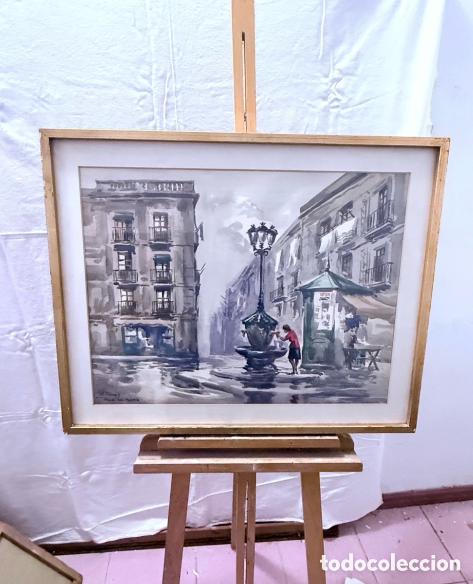 Arte: Mariano Brunet acuarela firmada R. Fan&eacute;s Plaza San Agust&iacute;n escena urbana gran formato