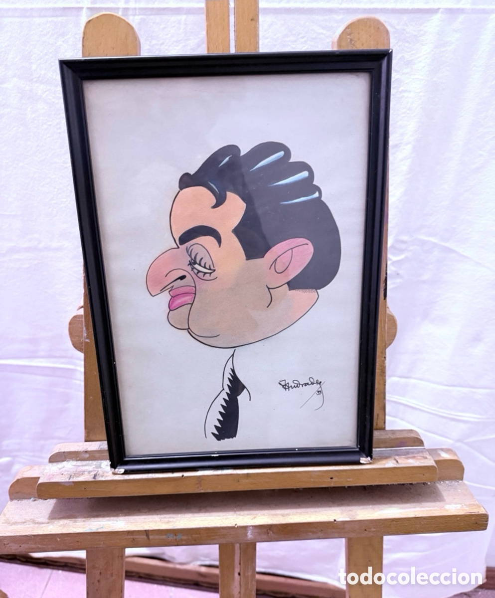 Arte: Dibujo caricatura firmado Hurtado 83 retrato humor&iacute;stico enmarcado