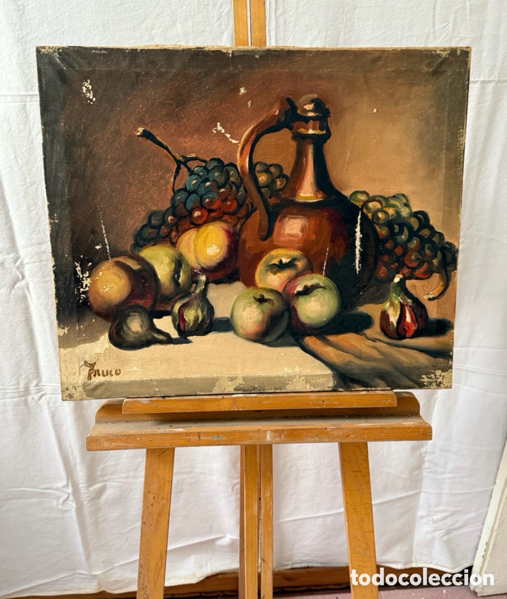 Arte: Bodeg&oacute;n con uvas y jarra. &Oacute;leo sobre lienzo firmado . Escuela espa&ntilde;ola. (55X46cm).