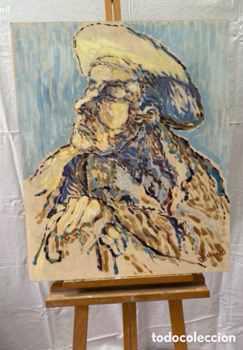 Arte: Home gran &oacute;leo sobre tablex firmado J. Salvado retrato expresionista