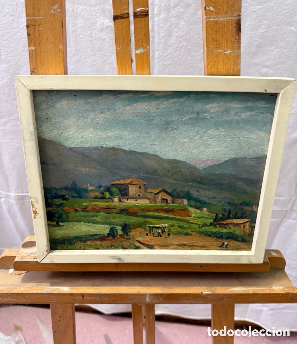 Art: Paisaje rural con mas&iacute;a y monta&ntilde;as. &Oacute;leo sobre tablex firmado. Escuela espa&ntilde;ola siglo XX