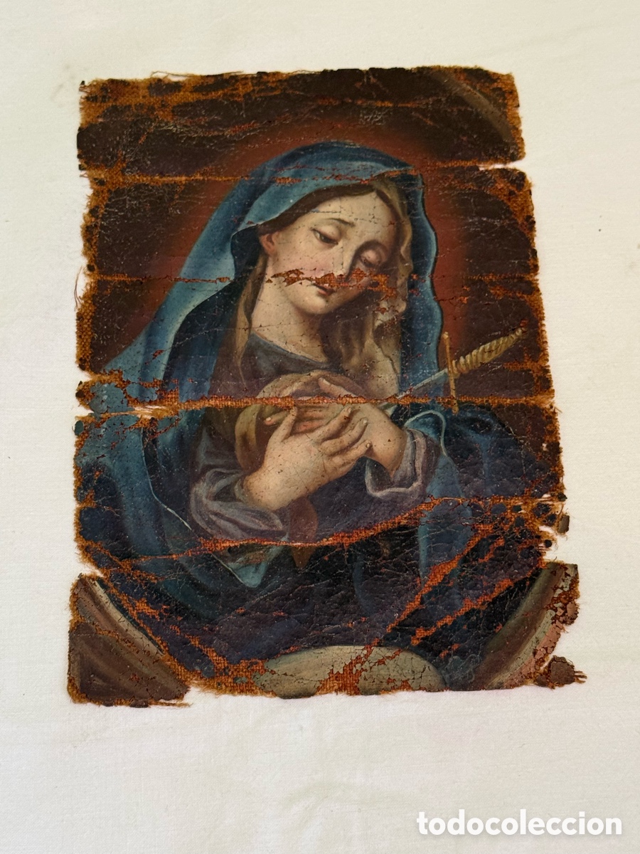 Arte: Antiguo &oacute;leo Virgen Dolorosa sobre tela siglo XVII XVIII .