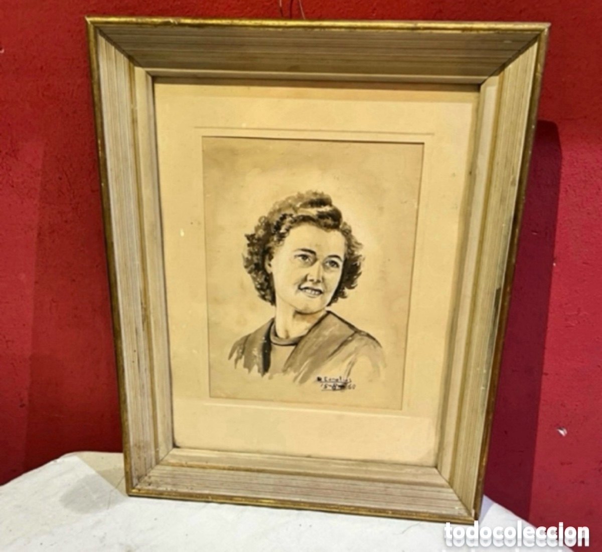 Arte: Antiguo cuadro retrato de mujer, dibujo al carboncillo, firmado.R. Conolias60. Ver las fotos