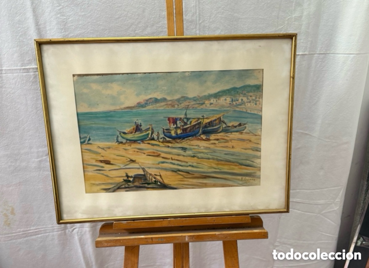 Arte: Pere Gorro Costa acuarela pintada a mano firmada paisaje marino con barcas escuela catalana
