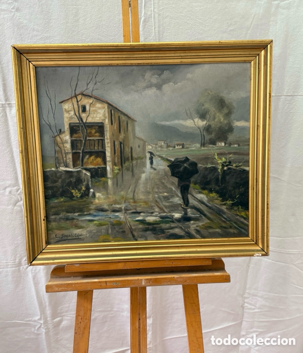 Arte: E. Serrat Calv&oacute;. Paisaje rural con lluvia y figuras con paraguas. &Oacute;leo sobre lienzo