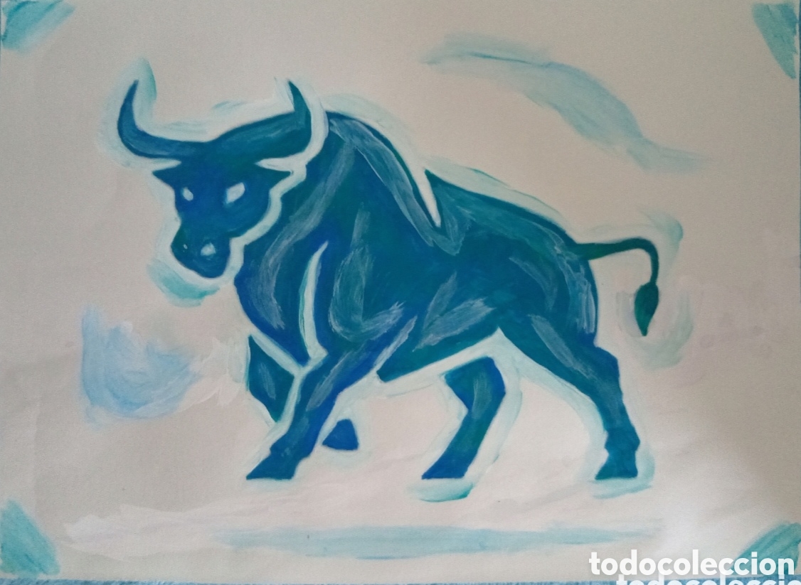 Arte: Original pintura Toro cian trazos (17) (t&eacute;cnica mixta) acuarela y acr&iacute;lico sobre papel 30,5cm x 21,5