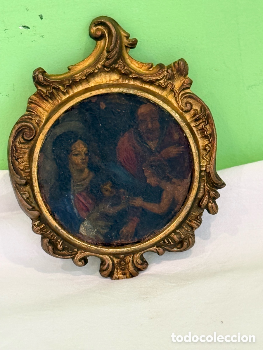 Arte: Antiguo &oacute;leo Sagrada Familia sobre placa met&aacute;lica o madera siglo XVIII/XIX.