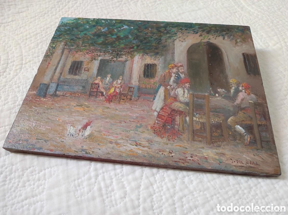 Art: Bonito oleo escena tipica valenciana en patio alqueria pintor J. del Real - tabla madera