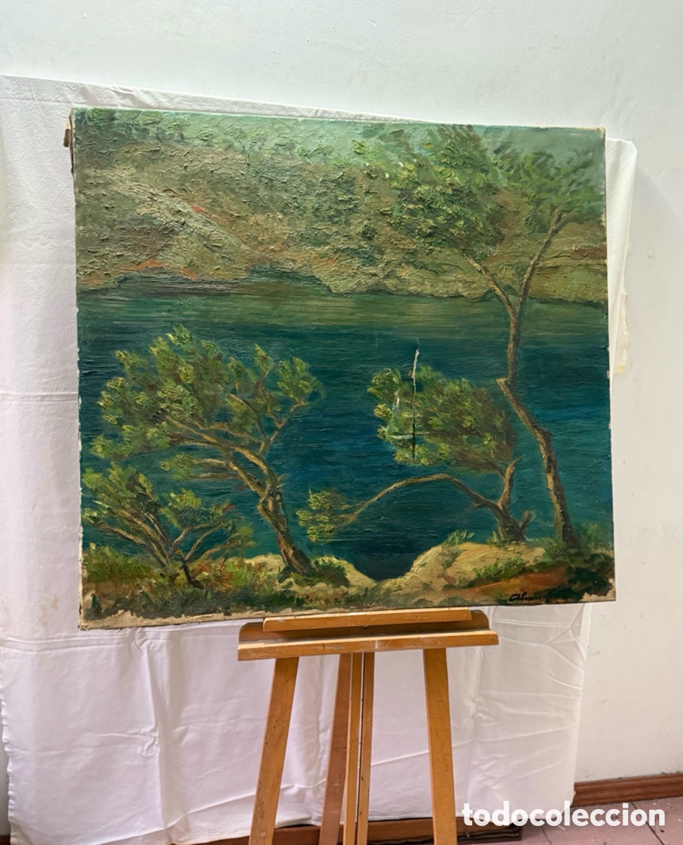 Arte: Antiguo &oacute;leo sobre lienzo paisaje firmado gran formato (100X92 cm)