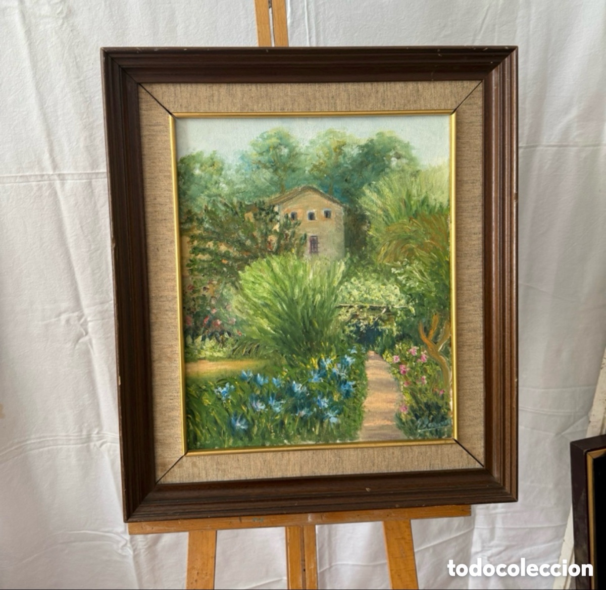 Arte: &Oacute;leo sobre lienzo paisaje jard&iacute;n con casa firmado escuela espa&ntilde;ola siglo XX