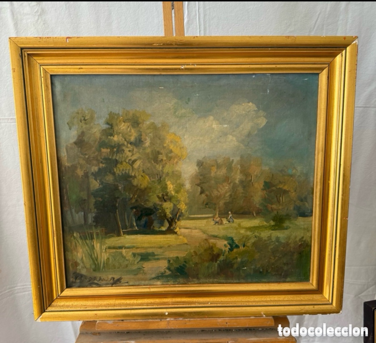 Art: &Oacute;leo sobre lienzo paisaje con figuras firmado enmarcado siglo XX