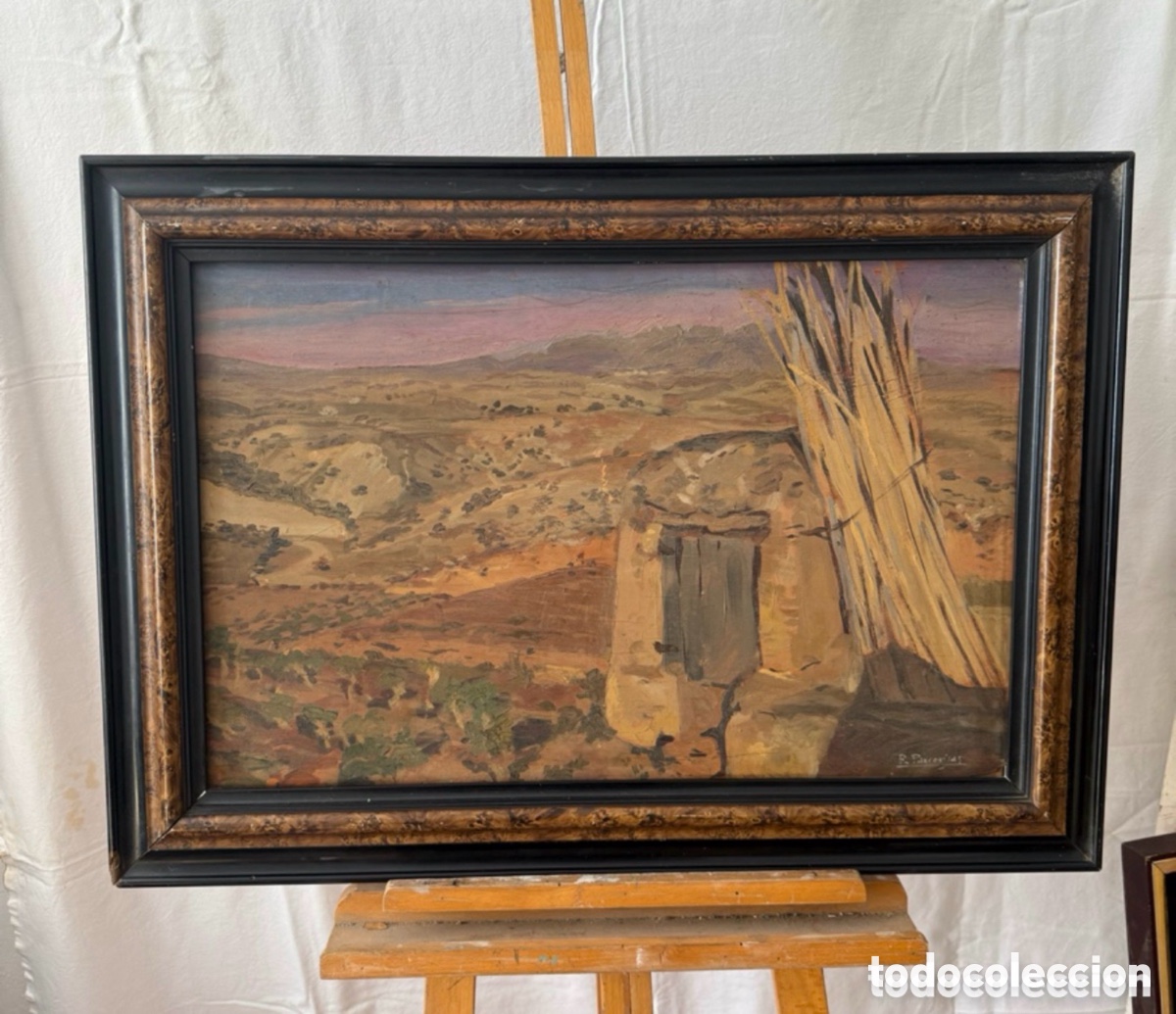 Art: &Oacute;leo sobre tablex paisaje rural firmado R.Parcerisas enmarcado escuela espa&ntilde;ola siglo Xx