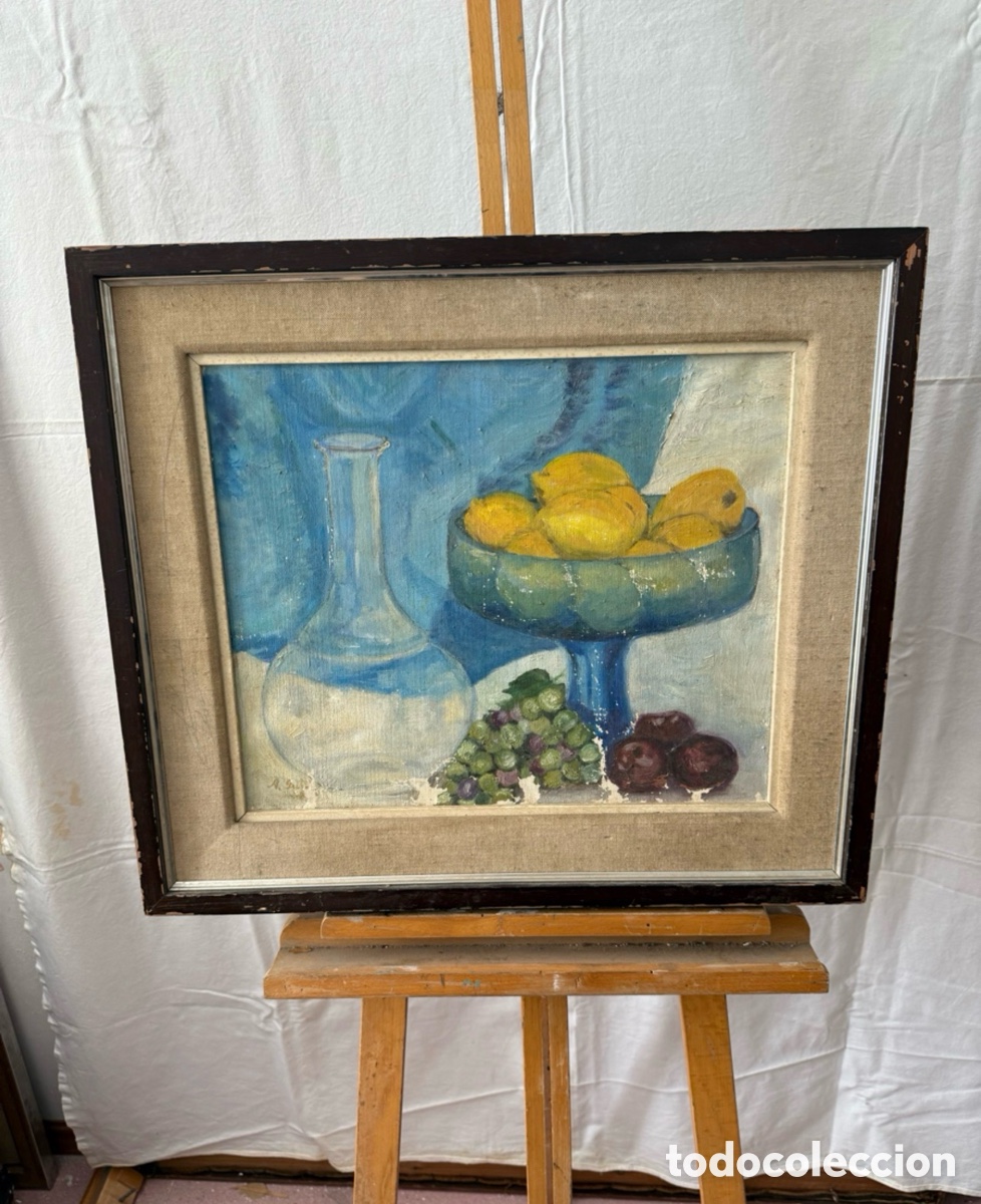 Arte: &Oacute;leo sobre lienzo bodeg&oacute;n con frutas firmado enmarcado