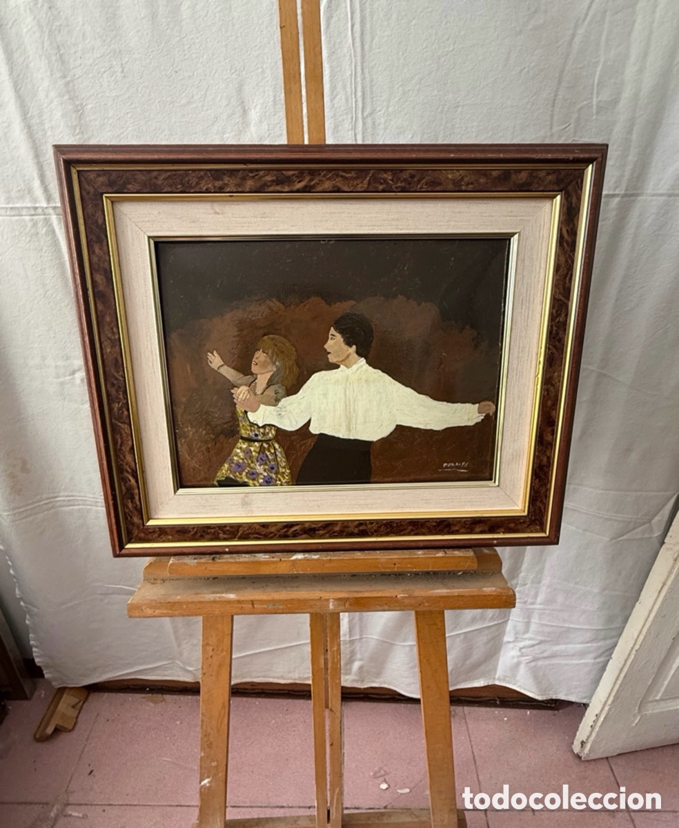 Arte: &Oacute;leo sobre chapa escena de baile firmado Pura 96 enmarcado