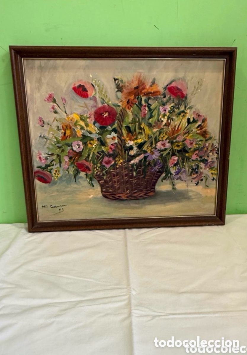 Kunst: &Oacute;leo sobre lienzo &rdquo;Bodeg&oacute;n floral en cesta&rdquo; firmado M&ordf; Carmen (1984) - Pintura