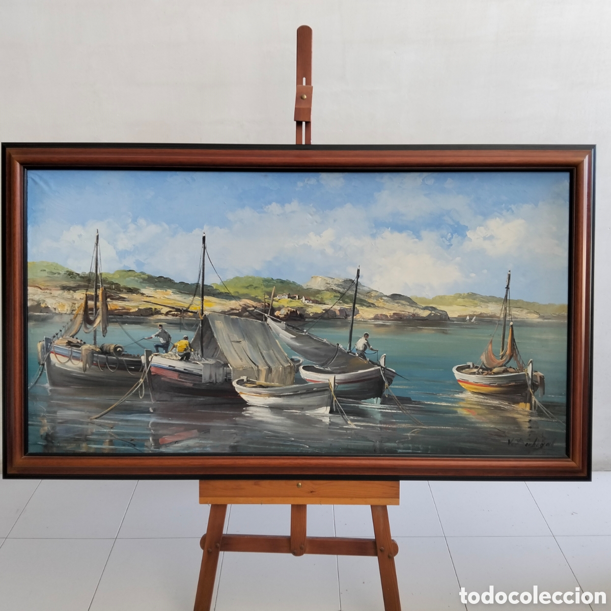 Arte: Antiguo &oacute;leo sobre tela de Vitorino (o Victorino) Berbegal Capelo (Escena Marinera) Siglo XX