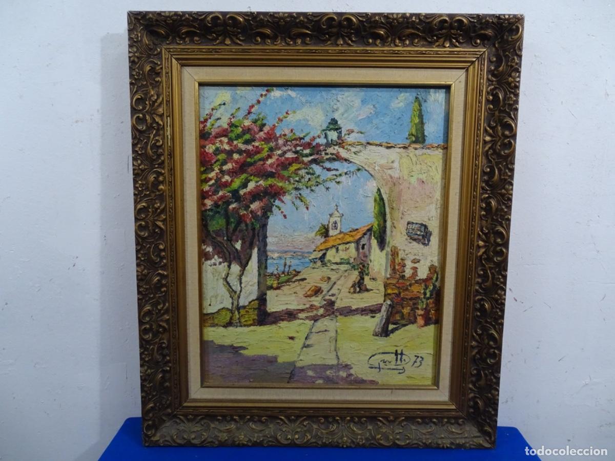 Arte: &Oacute;LEO SOBRE TABLA DE FIRMA ILEGIBLE. PAISAJE COSTA 1973. TRAZO CON PASTA.