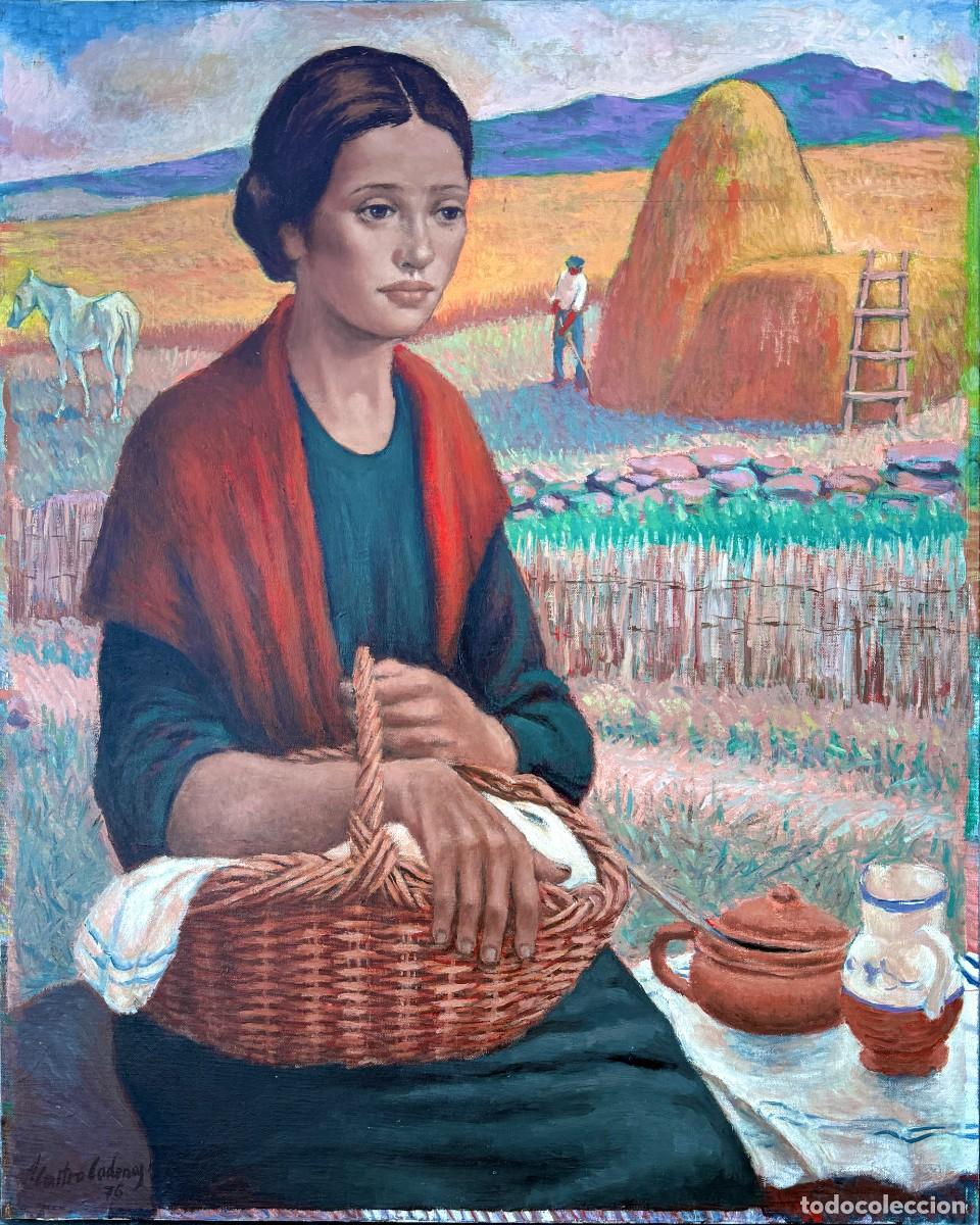 Arte: Jos&eacute; Antonio Castro Cadenas &ndash; Mujer en paisaje de cosecha, &oacute;leo firmado 1976 escena rural figurativa