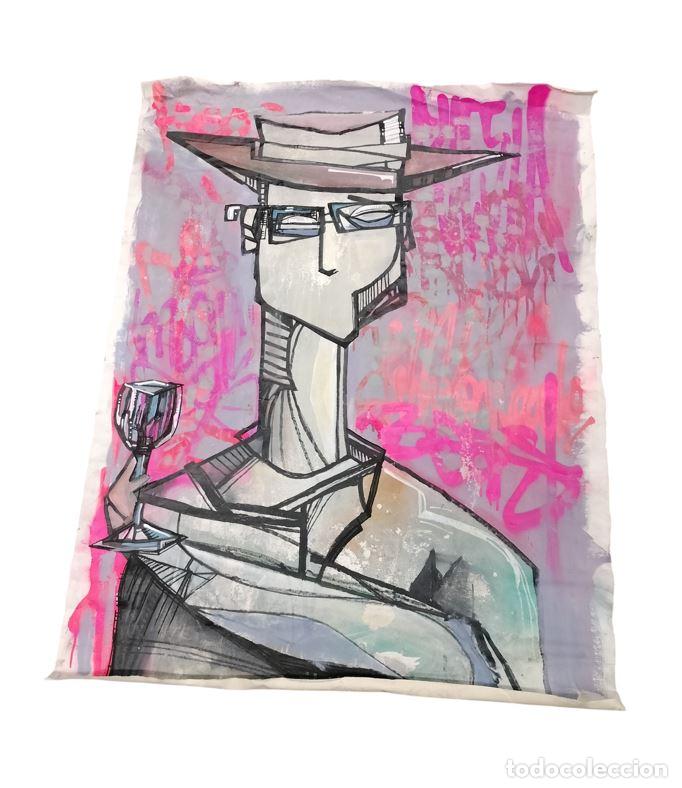 Arte: HOMBRE CON SOMBRERO Y COPA. ACR&Iacute;LICA SOBRE LIENZO. ESPA&Ntilde;A. SIGLO XXI.