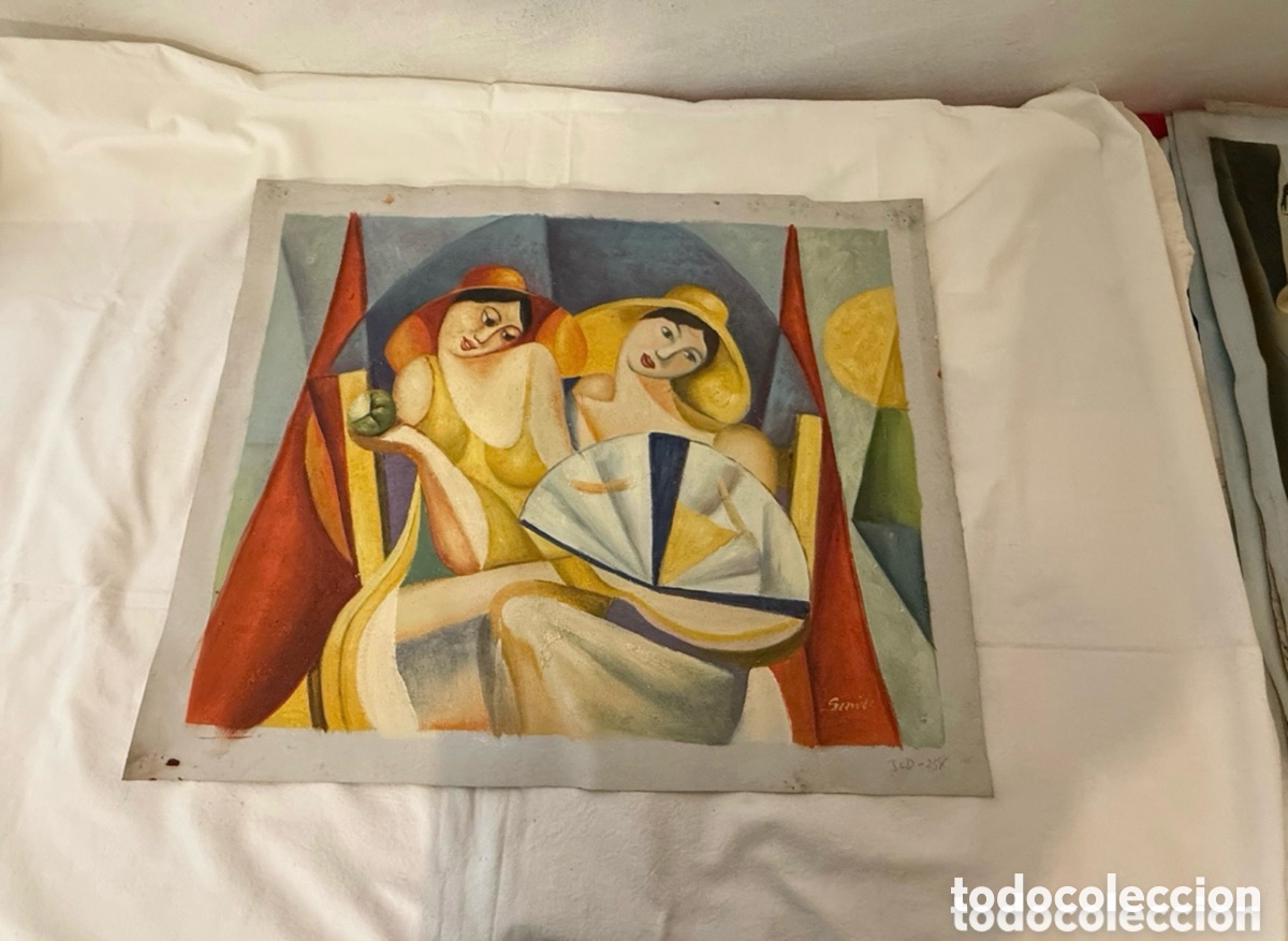 Art: Pintura sobre lienzo decorativa figuras femeninas estilo cubista moderno 70x60 cm