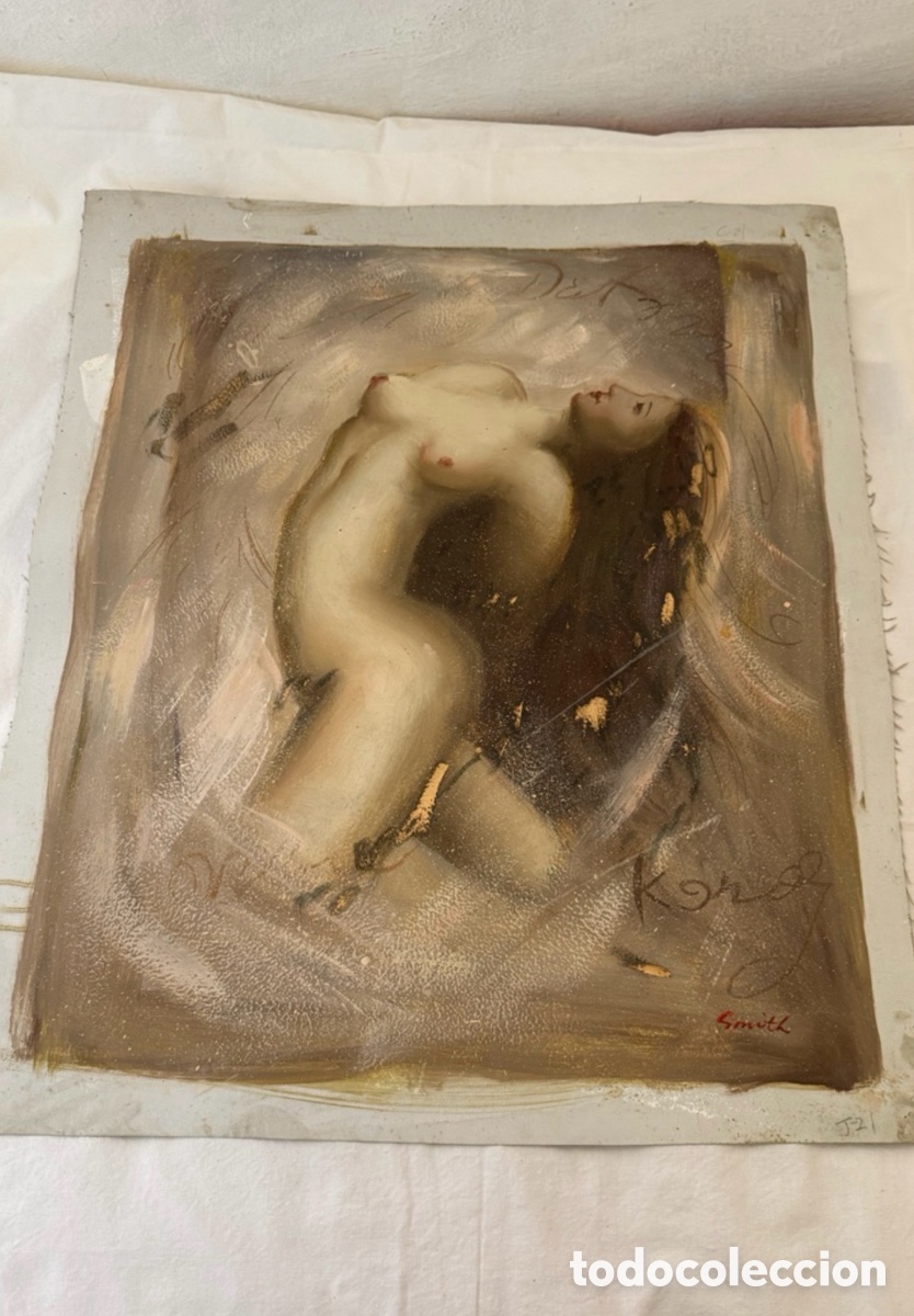 Arte: Pintura sobre lienzo decorativa desnudo femenino estilo expresionista firmado Smith