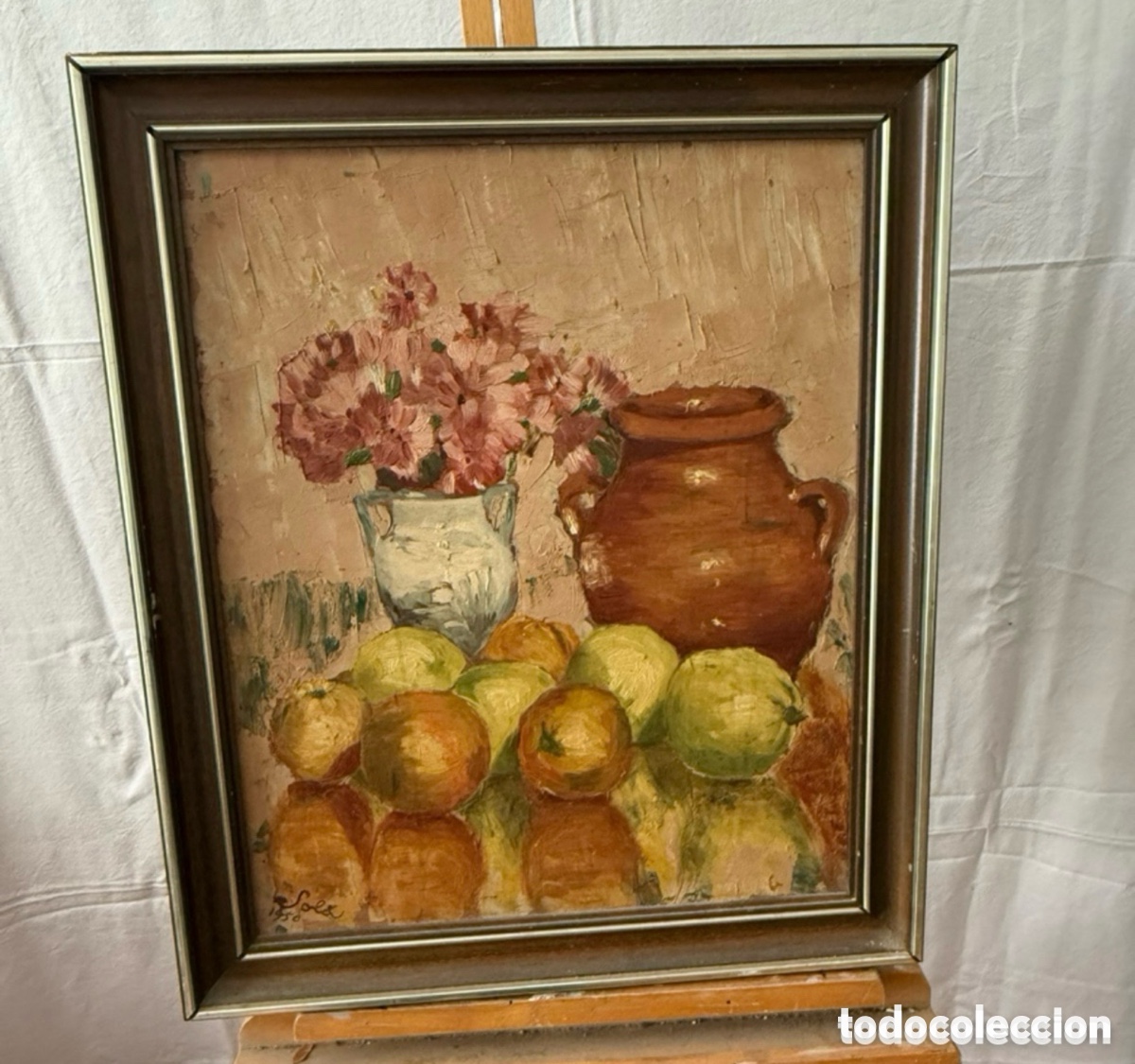 Art: Bodeg&oacute;n floral con frutas &oacute;leo sobre tablex firmado Sola enmarcado