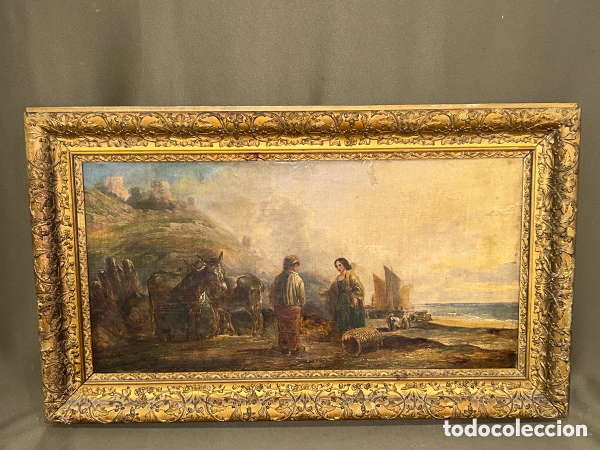 Arte: &Oacute;LEO SOBRE CART&Oacute;N DURO , ESCENA COSTERA CON PESCADORES, S.XIX *VER FOTOS*