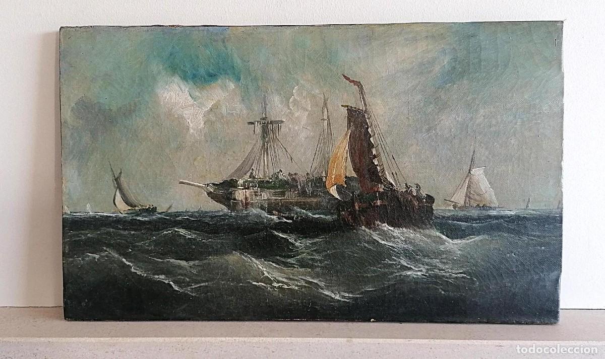 Arte: Pintura al &oacute;leo antigua, paisaje marino con veleros, a&ntilde;o ca. 1870-1890
