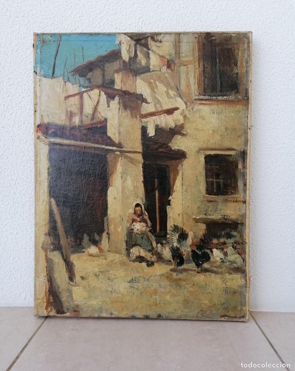 Arte: Patio con pintura al &oacute;leo antigua, pintor desconocido