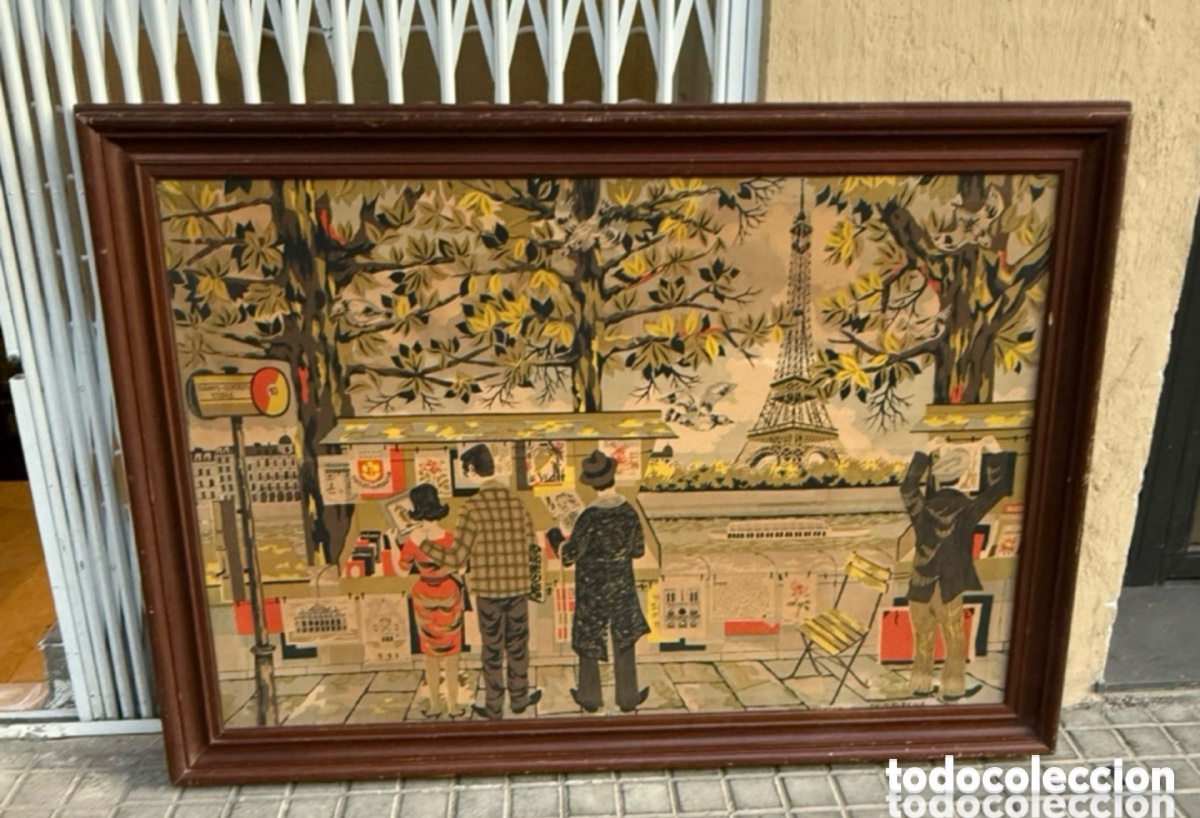Arte: Tapiz franc&eacute;s pintado de pared - Par&iacute;s con Torre Eiffel - firmado J. C. Bissery - vintage