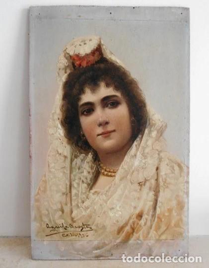 Arte: 1906 Pintura oleo Adolfo &Aacute;guila y Acosta, dama espa&ntilde;ola con un manto blanco