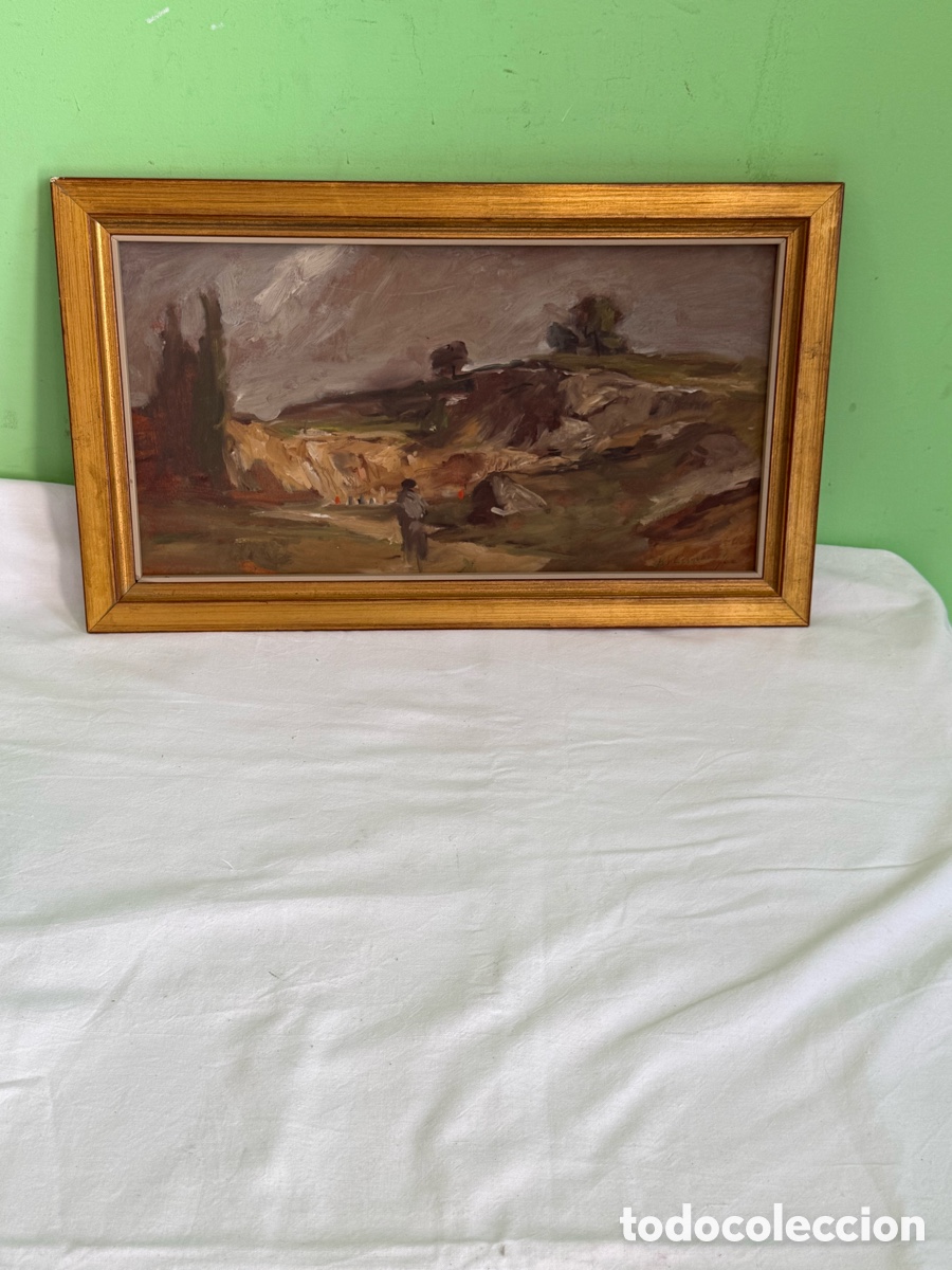 Art: &Oacute;leo sobre tablex paisaje firmado y sellado junto a la firma enmarcado