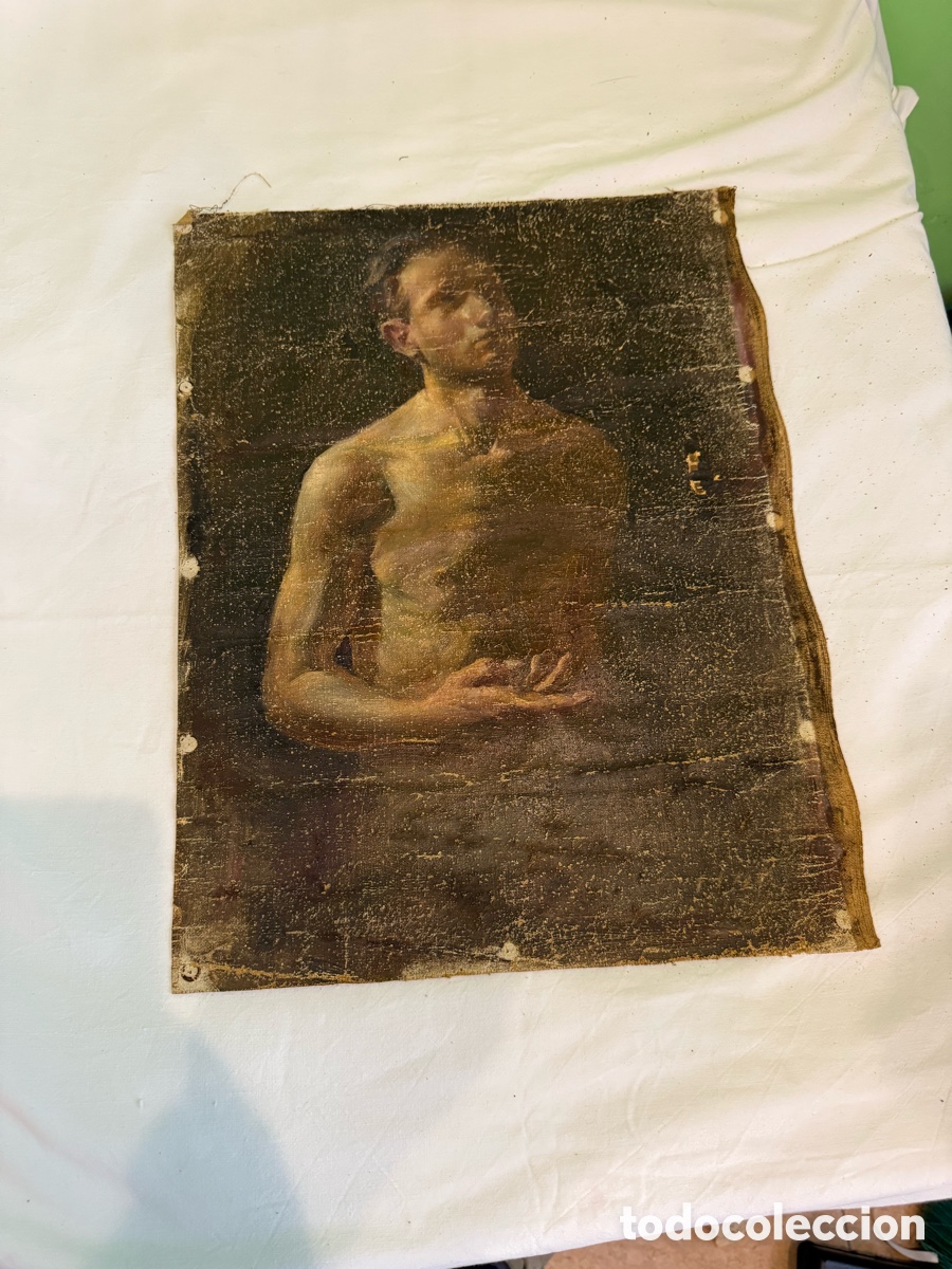 Art: Antiguo &oacute;leo sobre lienzo de desnudo masculino, estilo acad&eacute;mico,1940, enmarcado, obra a estudiar