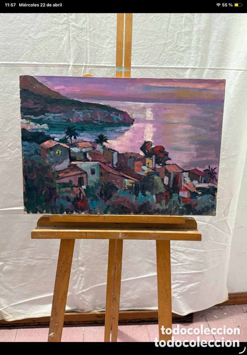 Arte: &Oacute;leo sobre lienzo paisaje costero mediterr&aacute;neo atardecer pueblo y mar estilo