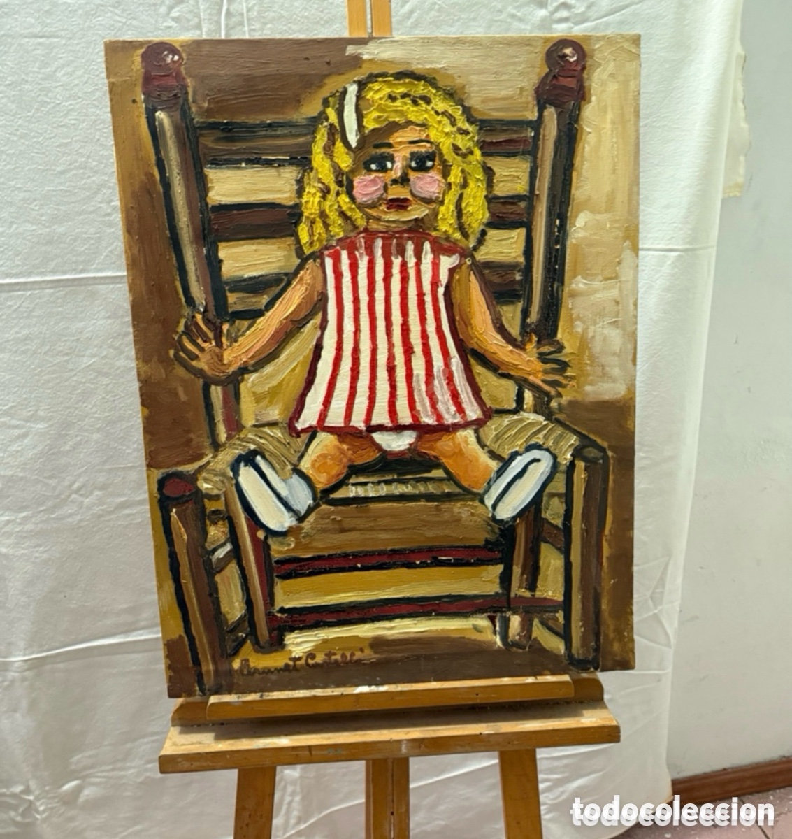 Arte: Brunet Castell&agrave;. Mu&ntilde;eca de trapo. &Oacute;leo sobre lienzo firmado. Espa&ntilde;a siglo XX. 65 x 50 cm