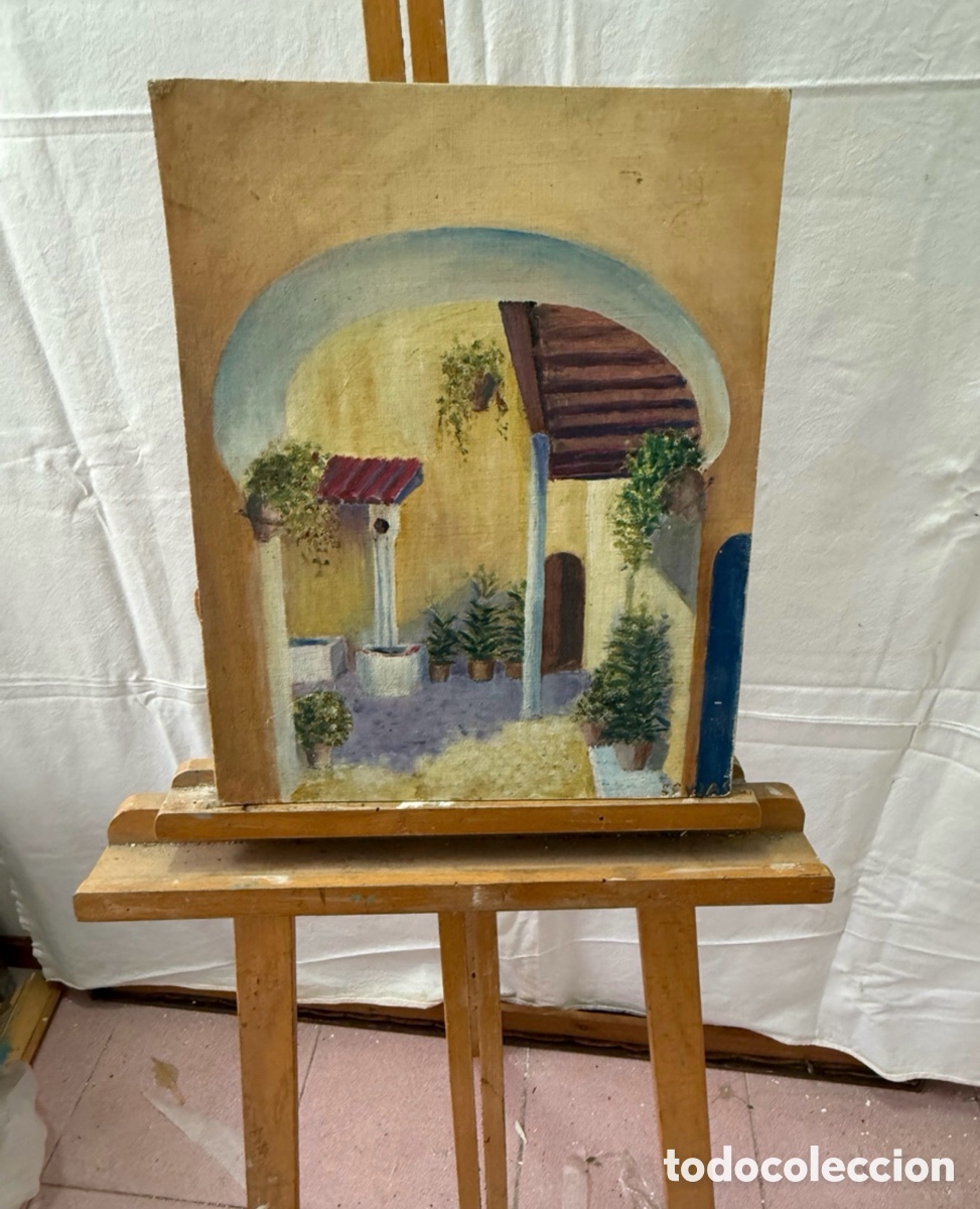 Art: &Oacute;leo firmado Patio andaluz con pozo y arquitectura mediterr&aacute;nea. Mediados siglo XX.