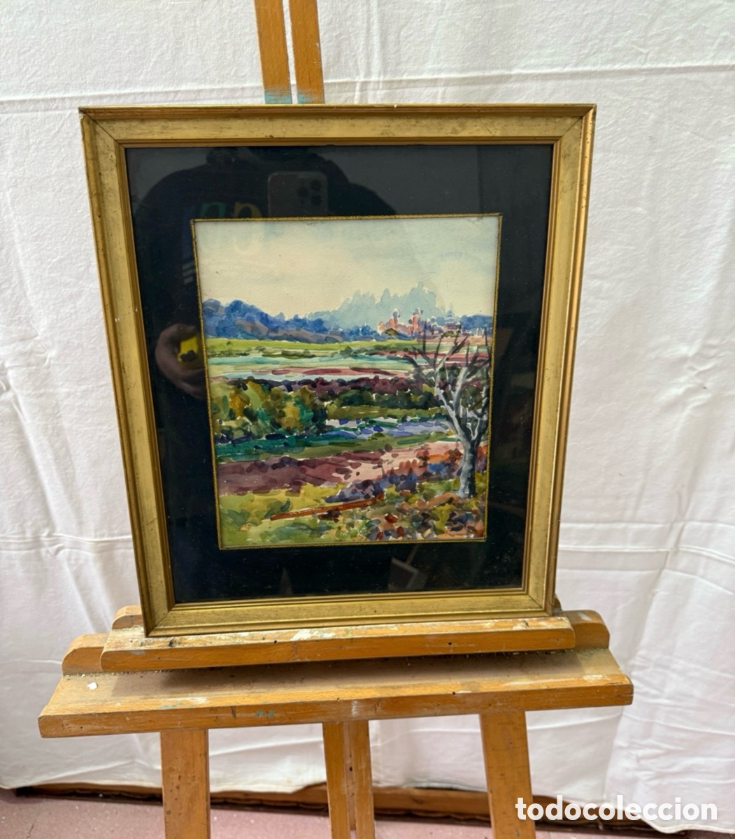 Arte: Paisaje rural con pueblo al fondo. Acuarela sobre papel enmarcada